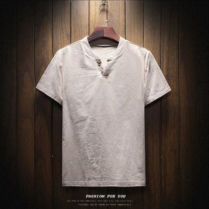 Men's Summer Loose-fit Short Sleeve Linen T-shirt Cotton Linen Body Solid Color Breathable V-neck Thin Top