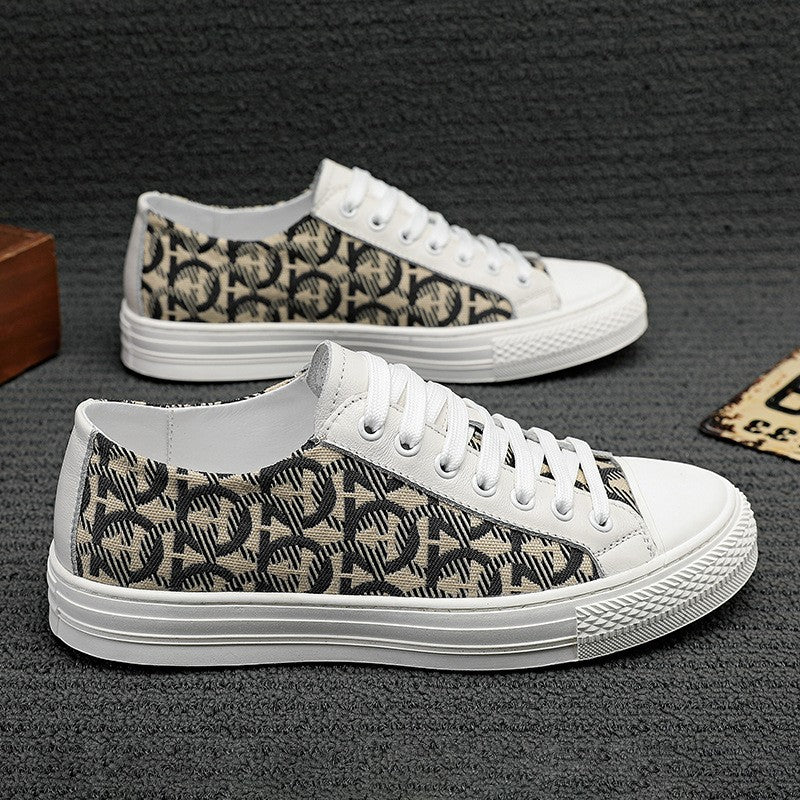 New Shoes for Men Genuine Leather Patchwork Casual Shoes Trend Flat Skateboard Shoes Youth Cool Lace-up Sneakers