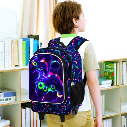 Mochila de Rodinhas para Meninos, 3 PEÇAS Bolsa Escolar com Rodas para Crianças com Lancheira - Game Console