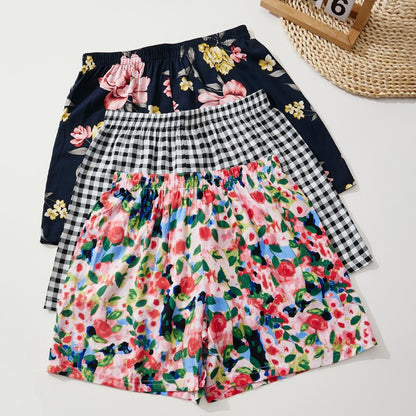 Women's Summer Shorts Floral Checkered 100% Viscose Loose Home Shorts Comfortable Soft Casual Shorts Elastic Waist