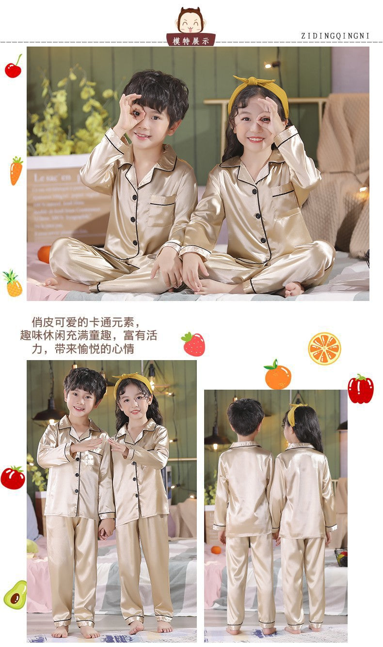 2 to 14 Years Boys Girls Pajamas Sets Kids Silk Satin Top Pant Long/Short Sleeve Solid Pyjamas Suits Nightgown Child Sleepwear