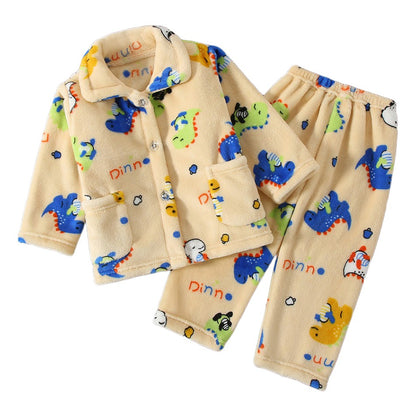High Quality Coral Fleece Flannel Cute Cartoon Pattern Pajama Sets Boys and Girls Long Sleeve Warm Comfortable Winter Sleepwear