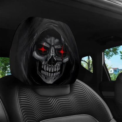 2Pcs Death Skull Flame Red Eye Print Car Headrest Cover Elastic Neck Support Auto Headrest Protector Easy Install Universal Car