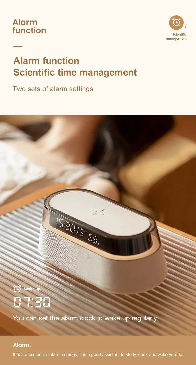 6-in-1 Smart Alarm Clock - 15W Wireless Charger, Bluetooth Speaker, FM Radio, Dual Alarm, USB Charger & RGB Night Light