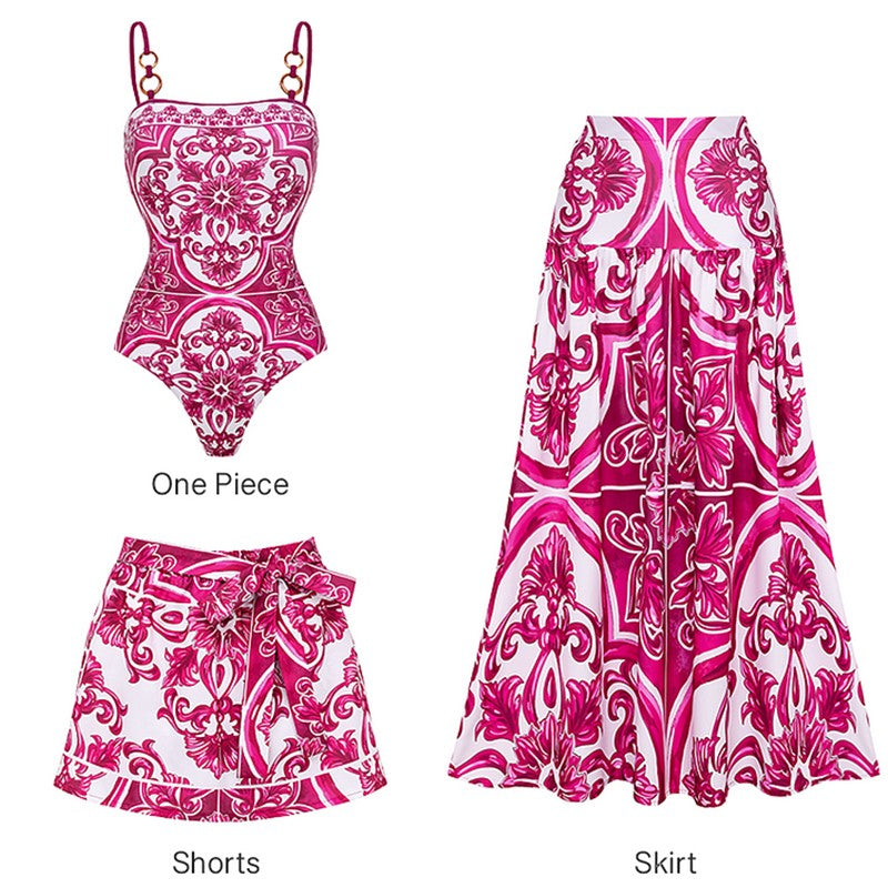 Flaxmaker Classic Women Sexy Bikini Sets Long Sleeves Majolica Series Pattern Print One Piece Swimsuit Skirt Biquini Beachwear