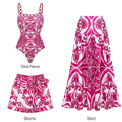 Flaxmaker Classic Women Sexy Bikini Sets Long Sleeves Majolica Series Pattern Print One Piece Swimsuit Skirt Biquini Beachwear