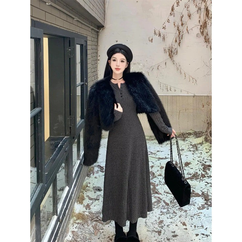 Long Sleeve Dresses Women Solid Slim Basic Mid-length All-match Elegant Autumn Winter Vestidos Female Defined Waist Knitting New
