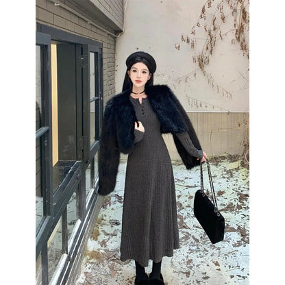 Long Sleeve Dresses Women Solid Slim Basic Mid-length All-match Elegant Autumn Winter Vestidos Female Defined Waist Knitting New