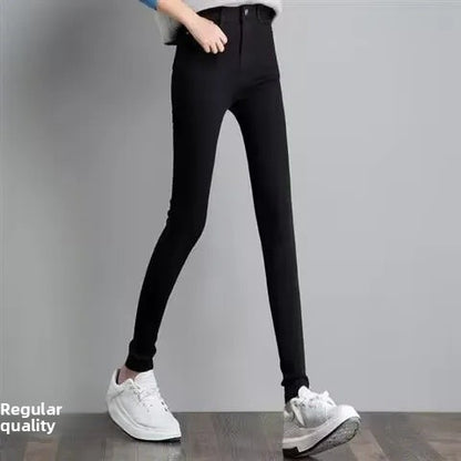 High Waist Slim Fit Fleece Lined Thickened Pencil Long Jeans Women's Autumn Winter New Style Fashionable And Elegant