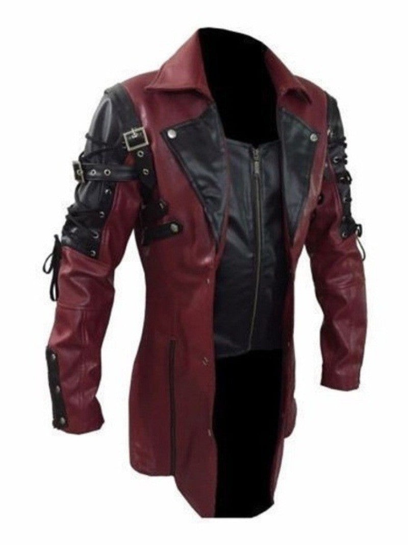 Fashion Black Pu Leather Trench Coat Men Winter Gothic Steampunk Leather Motorcycle Jacket Male Outwear EU Size XXXXXL