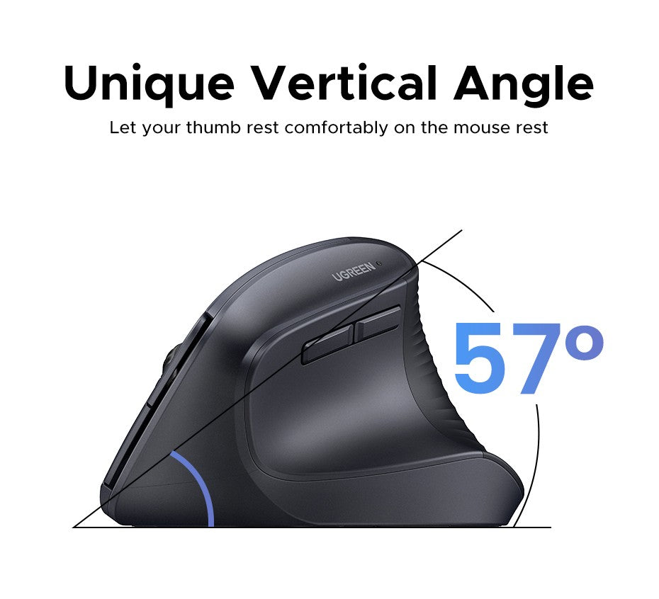 Mouse Sem Fio Vertical UGREEN 2.4G Ergonômico 4000DPI 6 Botões Silenciosos para MacBook, Tablet, Notebooks, Computador, PC, Mouse Preto e Rosa