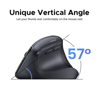 Mouse Sem Fio Vertical UGREEN 2.4G Ergonômico 4000DPI 6 Botões Silenciosos para MacBook, Tablet, Notebooks, Computador, PC, Mouse Preto e Rosa