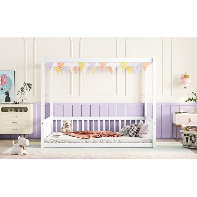 Full-Size Canopy Bed Frame with Safety Rails and Fence - White Finish