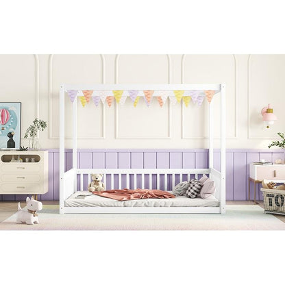 Full-Size Canopy Bed Frame with Safety Rails and Fence - White Finish