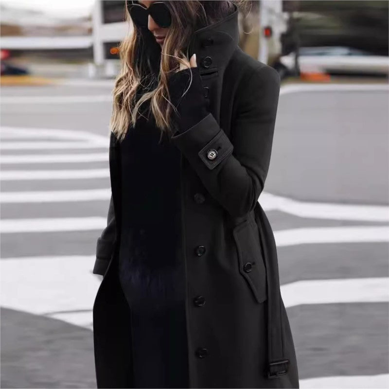 Autumn Winter New Woolen Coat Women's Slim Fit Cardigan Large Coat Women Long Sleeve Single Breasted Stand Collar Trench coats