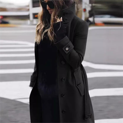 Autumn Winter New Woolen Coat Women's Slim Fit Cardigan Large Coat Women Long Sleeve Single Breasted Stand Collar Trench coats