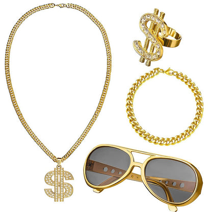 80s 90s Costume Outfit Set Big Gold Chain 80s/90s Rapper Accessories Glasses Bracelet Hip Hop Fancy Dress Costumes for Men Women
