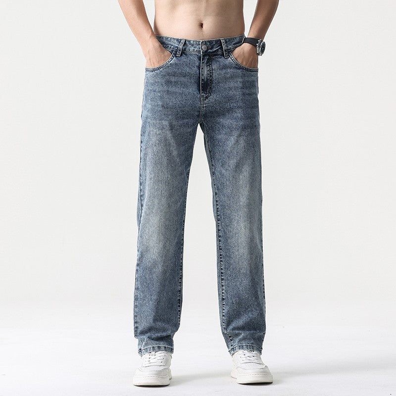 Calça Jeans Masculina Clássica Solta Reta Wide Leg de Sarja Lavada de Alta Qualidade Masculina Fina Fresca Elástica Masculina Casual de Caimento Regular