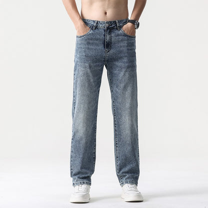 Calça Jeans Masculina Clássica Solta Reta Wide Leg de Sarja Lavada de Alta Qualidade Masculina Fina Fresca Elástica Masculina Casual de Caimento Regular