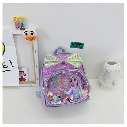 Mochila Mini de Glitter Princesa Elsa de Frozen da Disney, Linda com Laço de Lantejoulas, Bolsa Escolar de Jardim de Infância para Meninas, Desenho Animado Infantil, Mochila de Ombro Duplo