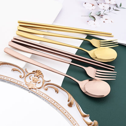 Drmfiy Western 6Set Black Dinnerware 304 Stainless Steel Tableware Long Handle Spoons Chopsticks Metal Korean Silverware Set