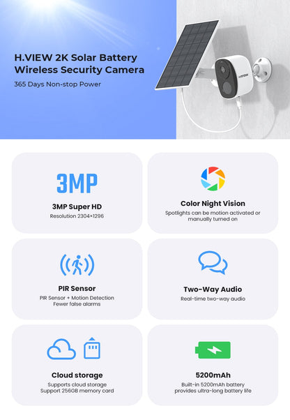 H.VIEW PIR Battery Powered Camera Wireless Outdoor, 2K 3MP WiFi Security Camera with Spotlight Siren, 2-Way Audio, Waterproof