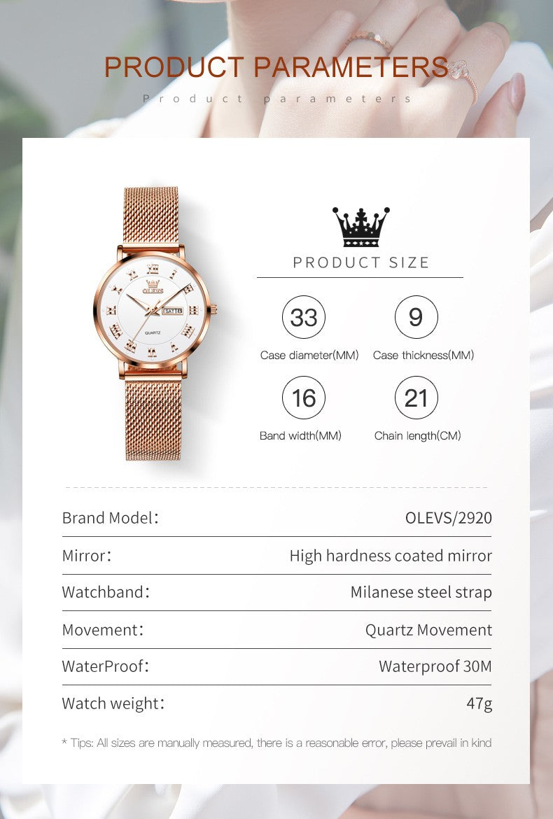 OLEVS 2920 Women's Watch Top Quality Stainless Steel Waterproof Double Calendar Quartz Watch Classic Fashion Luxury Women Watch