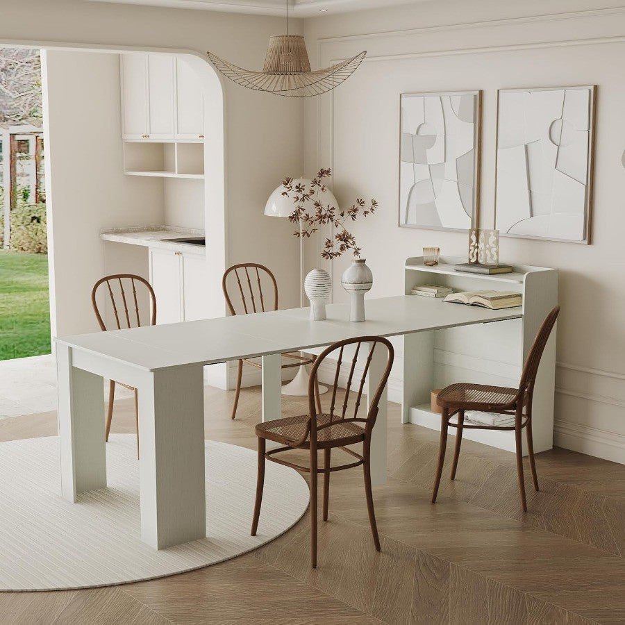 DMAITH 2099 White Extendable Dining Table with Storage for 210 People Modern Modular Extension Table SpaceSaving Extra Long Fol