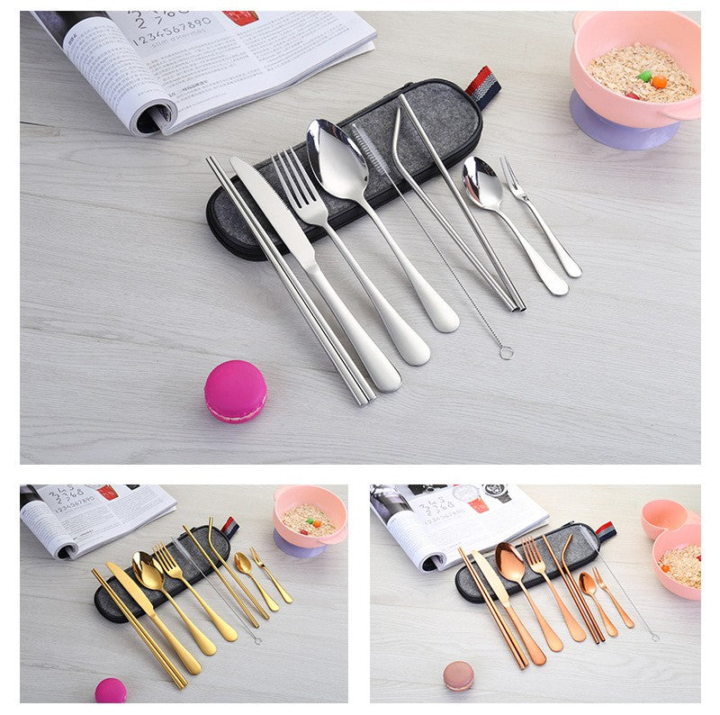Conjunto de Talheres de Aço Inoxidável, Portátil, Faca, Garfo, Colher, Hashi, Canudo, Ocidental, Presente de Viagem, Conjunto de 9 Peças