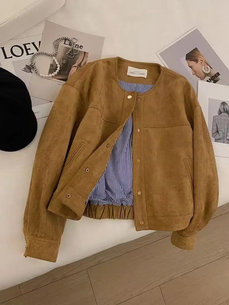Retro Brown Suede Short Jacket Women's Spring Autumn Casual Loose Design Sense Meral Jacket Top round Neck Full Sleeve