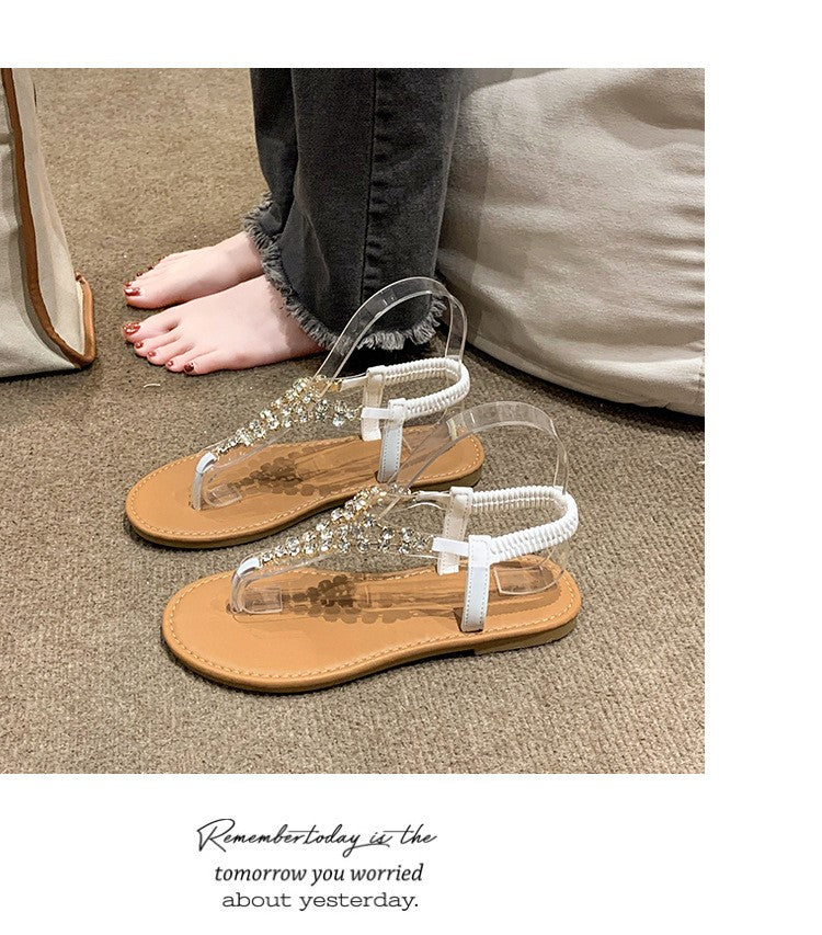 Summer New Flat Transparent Rhinestones Pintoe Women's Sandals, Fashion Casual Light Beach Cool, Shoes Women
