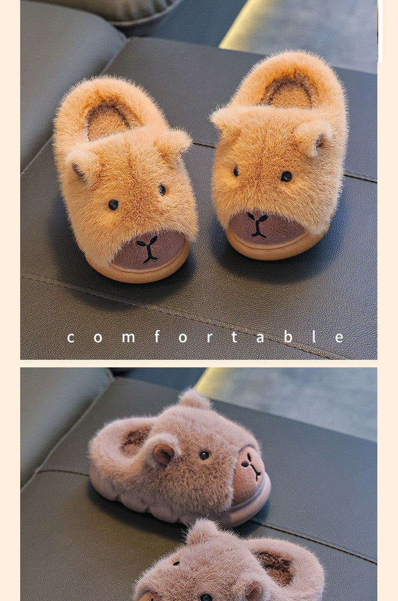 Capybara Children Slippers 2025 Winter New Cute Fluffy Cotton floor shoes woman Warm Indoor Cartoon Plush Floor Home Slippers