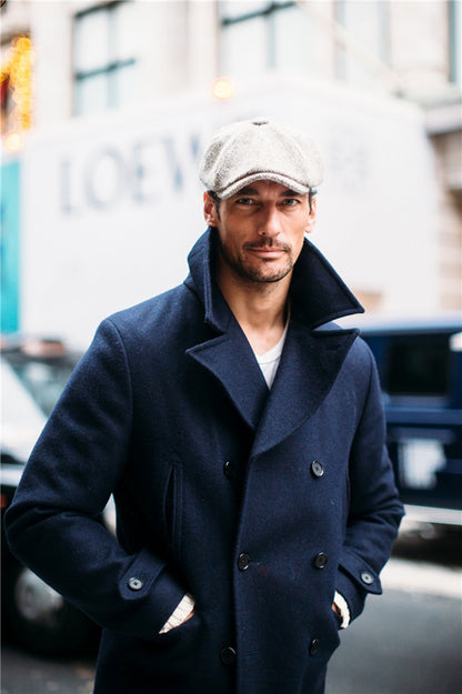 Men's Woolen Good Quality Coat Navy Blue Winter Warm Solid Double-Breasted Thick Plus V-Neck Overcoat Casual Male Overcoat