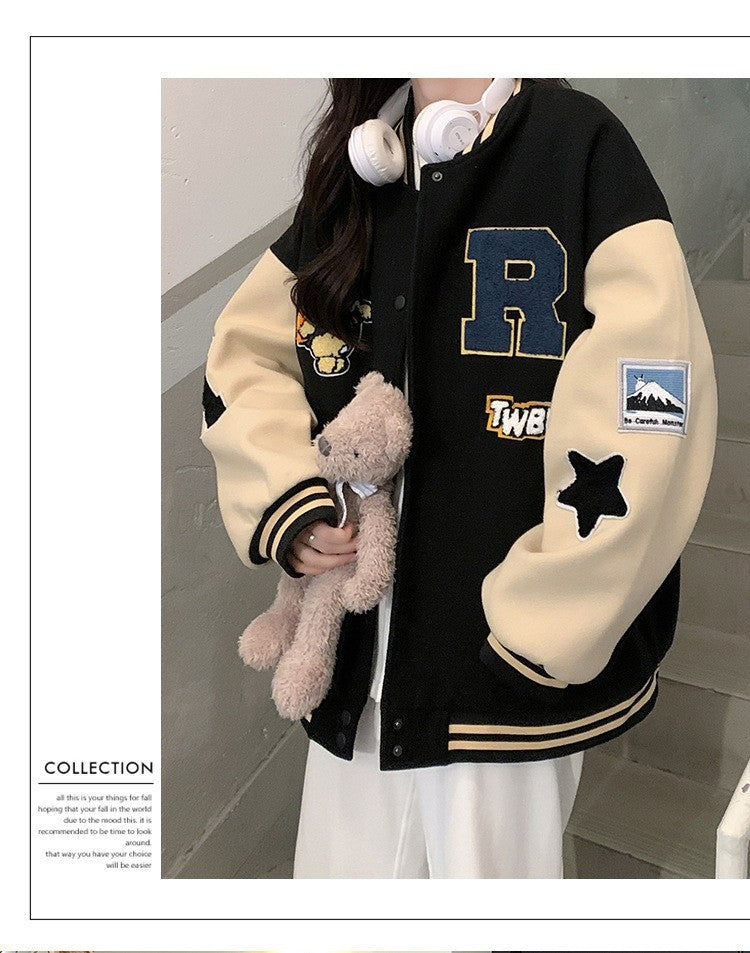 New Autumn and Winter Padded Baseball Jersey Women American Retro Loose Sweater Women Jacket