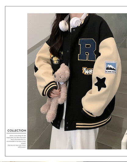 New Autumn and Winter Padded Baseball Jersey Women American Retro Loose Sweater Women Jacket