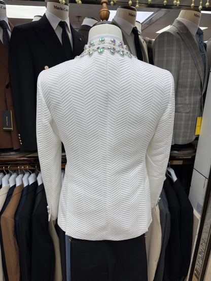 Jacquard Men's Luxurious Crystal Suits 3 Pieces Wedding Groom Sets,White Shawl Lapel Man Tuxedo For Party,Elegant Dancing Set