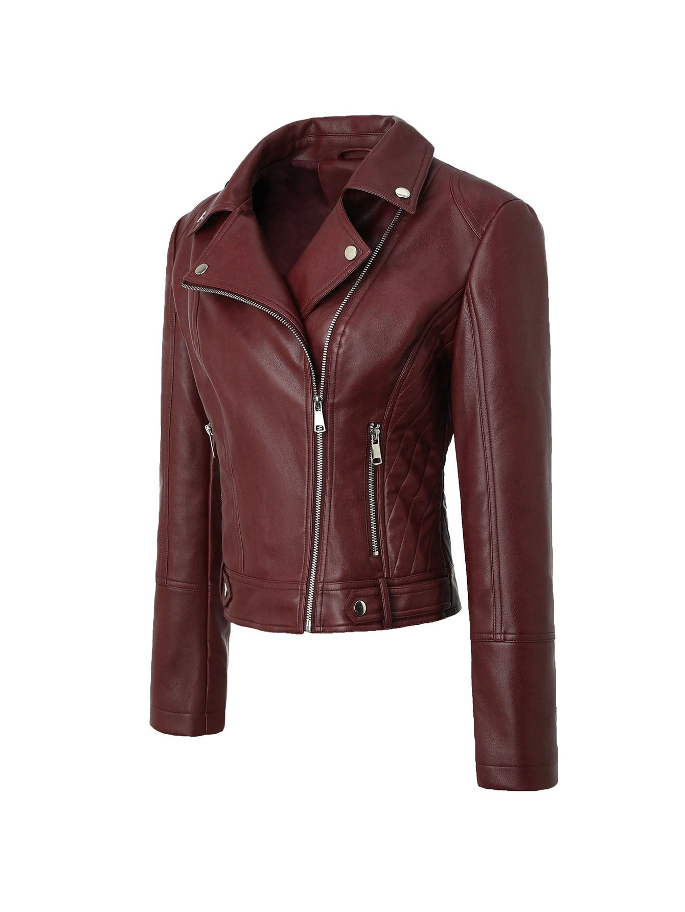 ? Biker Style Pu Leather Jacket for Women - Vegan Faux Motorcycle Jacket with Zipper & Buttons (Black/White/Red/Green)