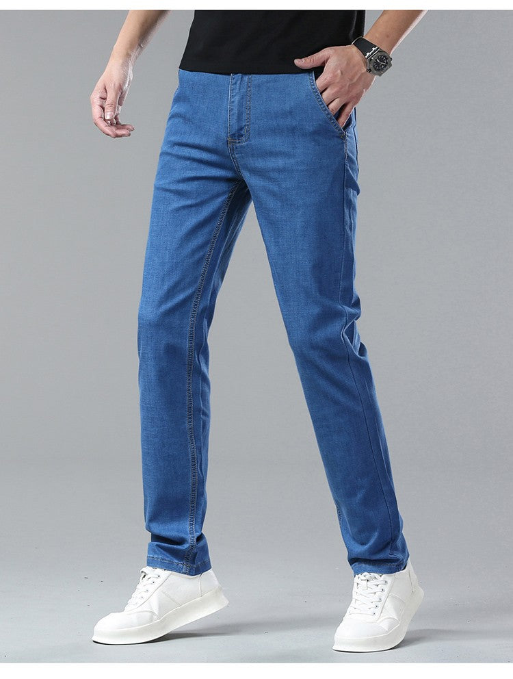 Light Blue Classic Business Casual Cotton Pants Fashion Breathable Denim Elastic Trousers Brand Men's Clothing Straight Jeans