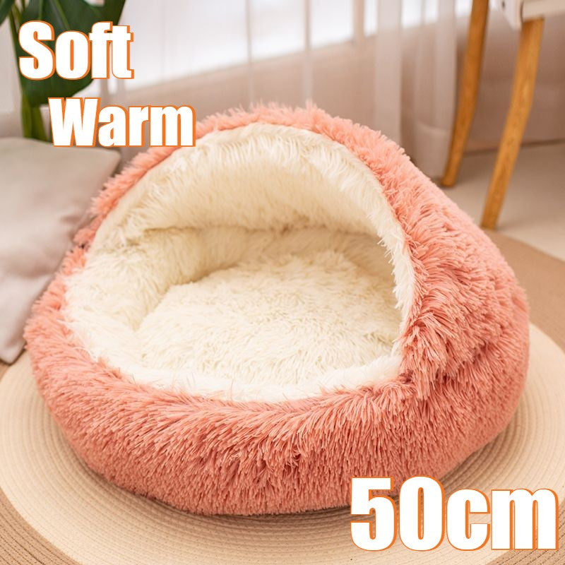 Cama para Pets 2 em 1 de Pelúcia Macia 50CM com Cobertura Redonda Cama para Gatos Colchão para Filhotes Quente Ninho Caverna para Cães Pequenos Tapetes
