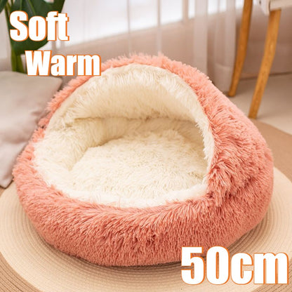 Cama para Pets 2 em 1 de Pelúcia Macia 50CM com Cobertura Redonda Cama para Gatos Colchão para Filhotes Quente Ninho Caverna para Cães Pequenos Tapetes