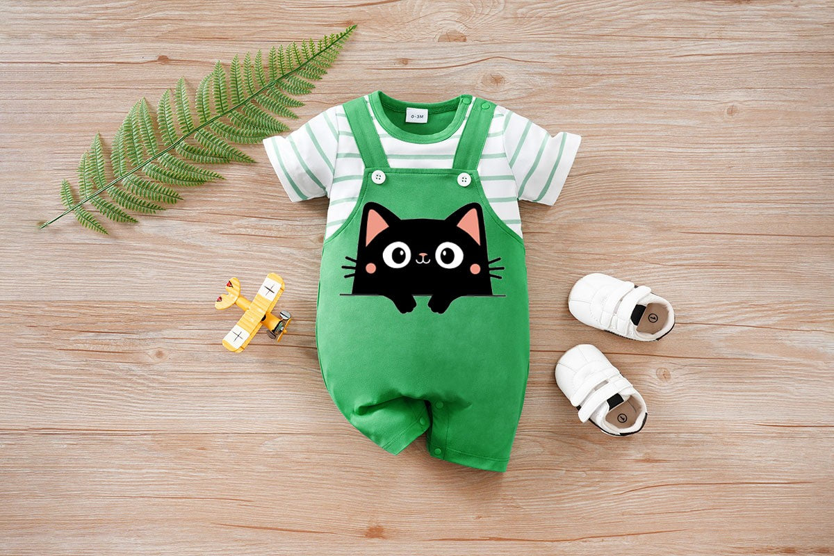 IURNXB Newborn Baby Romper Summer Cat Printed Short Sleeve Stripe Jumpsuit Infant One Piece Outfit for Boys Girls Unisex 0-18M