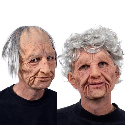 Black Elderly Woman Man Mask Wrinkle Full for Head Mask Grandpa/Grandma Face Novelty Mask Halloween Party Cosplay Props Supplies