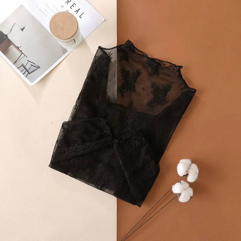 New Women Floral Lace Shirt Spring Autumn Long Sleeve Sexy Mesh Bottoming Shirts Mock Neck Blouse T-Shirt Pullover Top