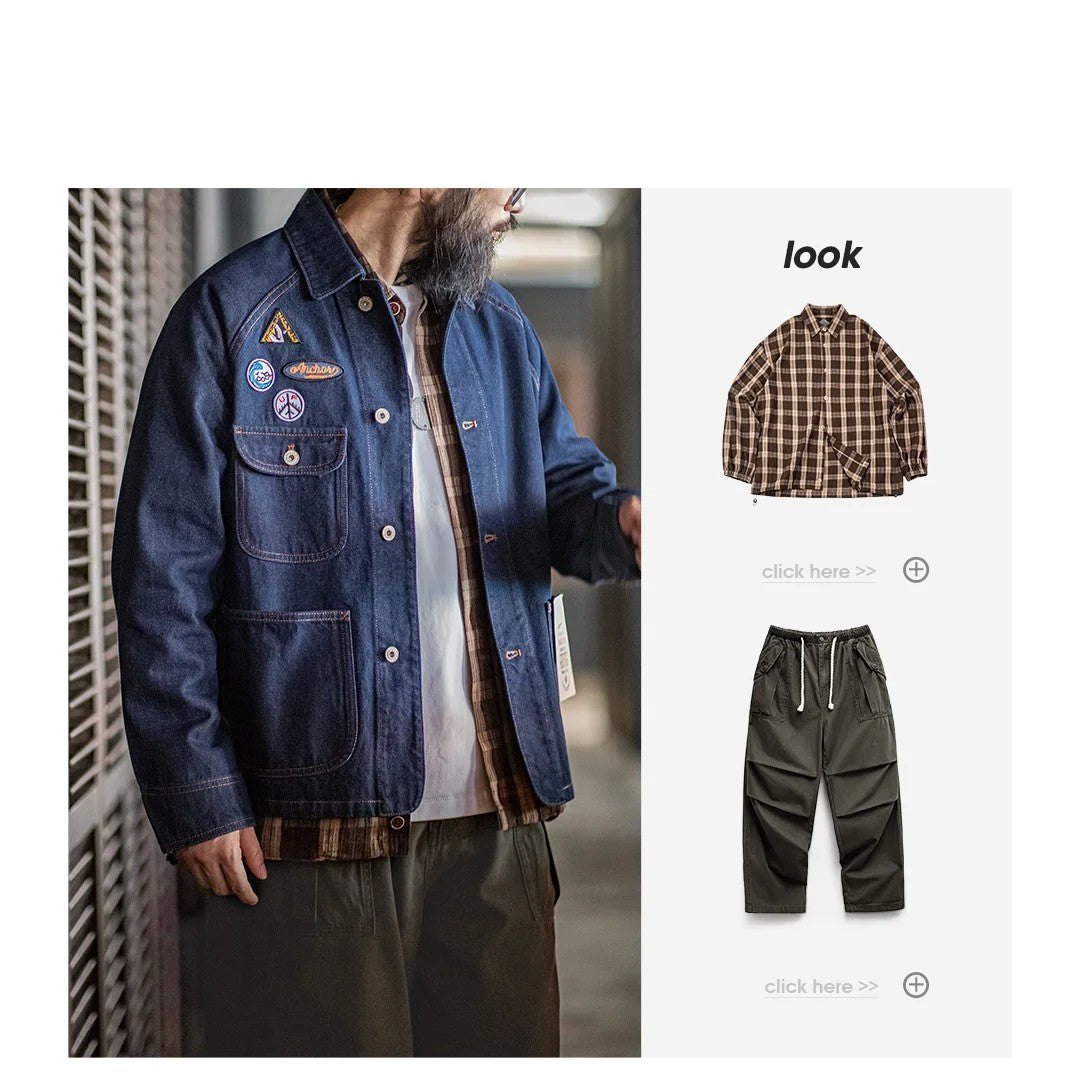 Maden Vintage 12.8oz Heavyweight Denim Jacket Embroidered Badge Washed Lapel Casual Outerwear for Men Spring and Fall Chore Coat