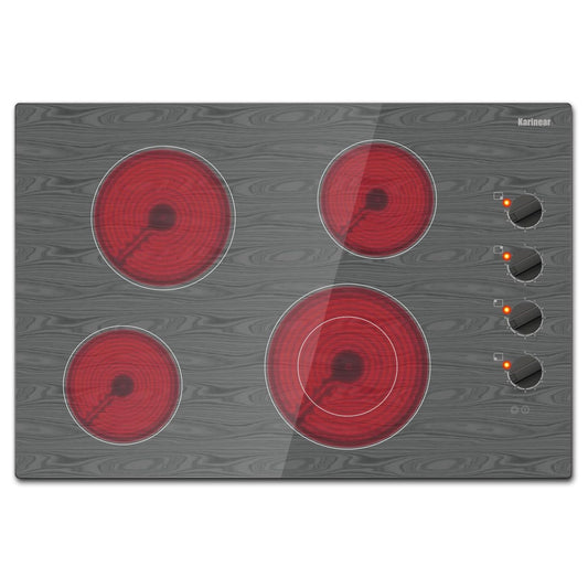 Karinear 4 Burners Ceramic Electric Cooktop, Knob Control, Beautiful Wooden Pannel, 30" Built-in,6700W, 220-240v Hard Wired