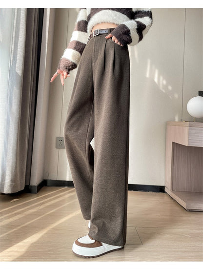 High Quality Woolen Wide Leg Pants Women Streetwear Belt Baggy Black Suit Pants Winter Korean Fashion Casual Straight Trousers