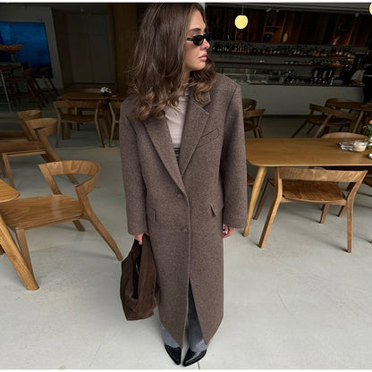 Women Shoulder Pad Wool Long Coats Fashion Lapel Single-breasted Long Sleeve Coat Chic 2025 Autumn Lady Commute Street Outerwear