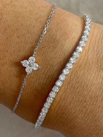 Conjunto de 2 pulseiras femininas de corrente com zircônia cúbica simples em formato de flor, joia para o dia a dia e escritório