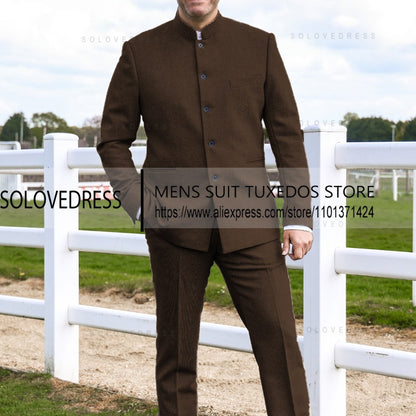 2 Pieces Men's Suits  Herringbone Tweed Stand Collar Single Breasted  Groomsmen Wedding Suits Men suits ?Blazer+Pants?