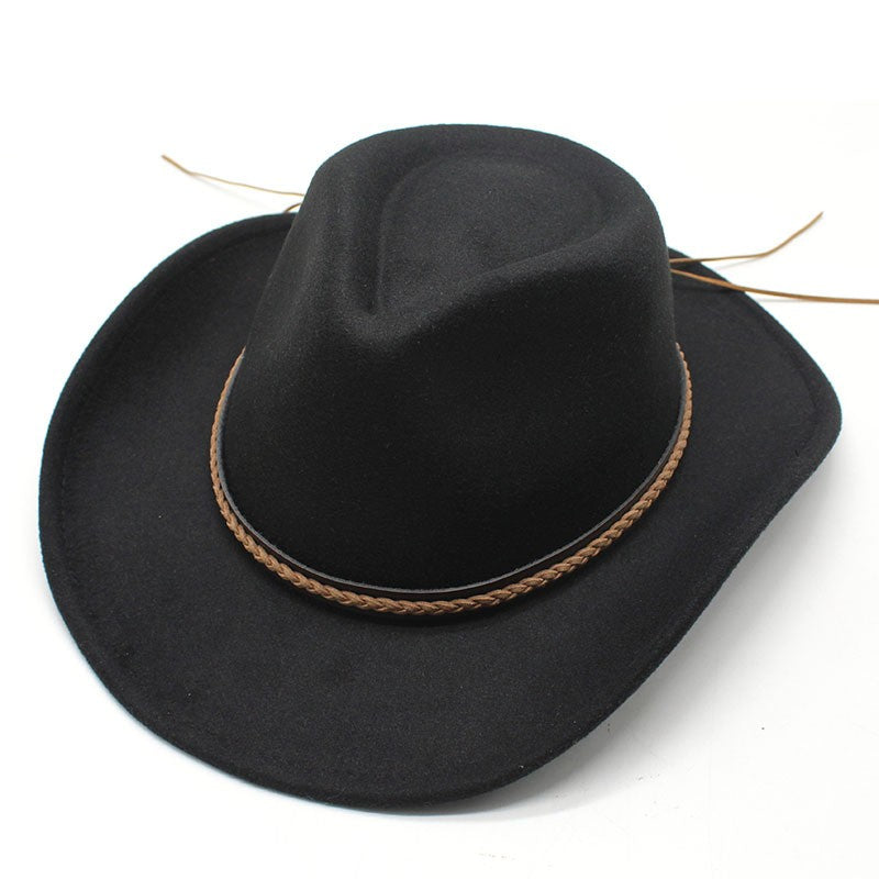 Winter Roll Up Brim Western Cowboy Hat With Leather Retro Gentleman Lady Jazz Cowgirl Cap Church Sombrero Caps